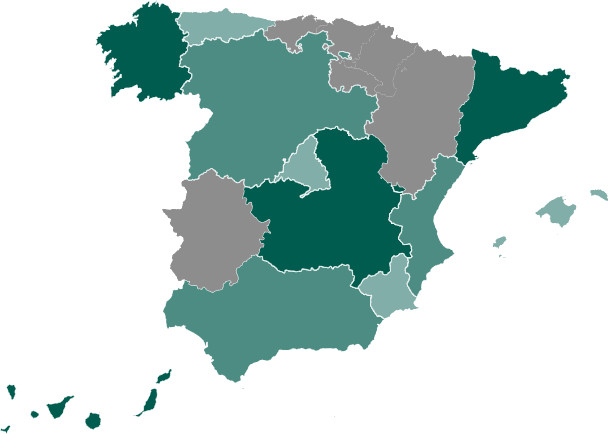 Mapa de España donde se marcan los puntos en los que ASPAYM FN está presente